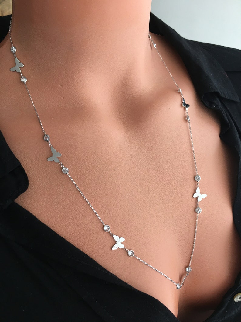 Butterfly Jewelry Zircon Necklace 925 Sterling Silver Long Necklace Silver Necklace Minimalist Butterfly Necklace Chain Necklace