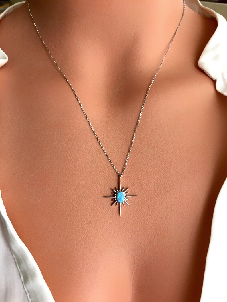 Aqua Blue Opal Polar Star Necklace 925 Sterling Silver North Star Necklace 18k Rose Gold Plated Opal Necklace