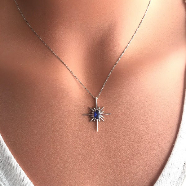 Sapphire North Star Necklace, 925 Sterling Silver Pendant