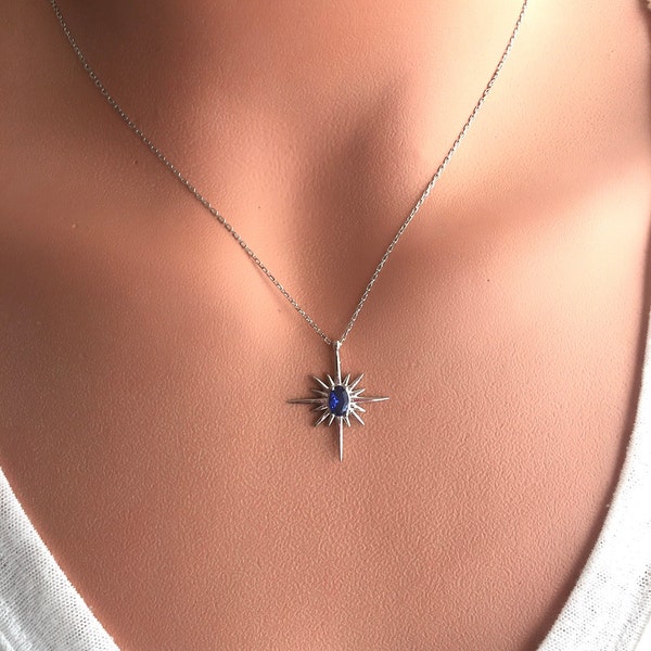 925 Sterling Silver Sapphire North Star Necklace / Polar Star Necklace / 18k Rose Gold Plated / Sapphire Necklace / Sapphire Pendant