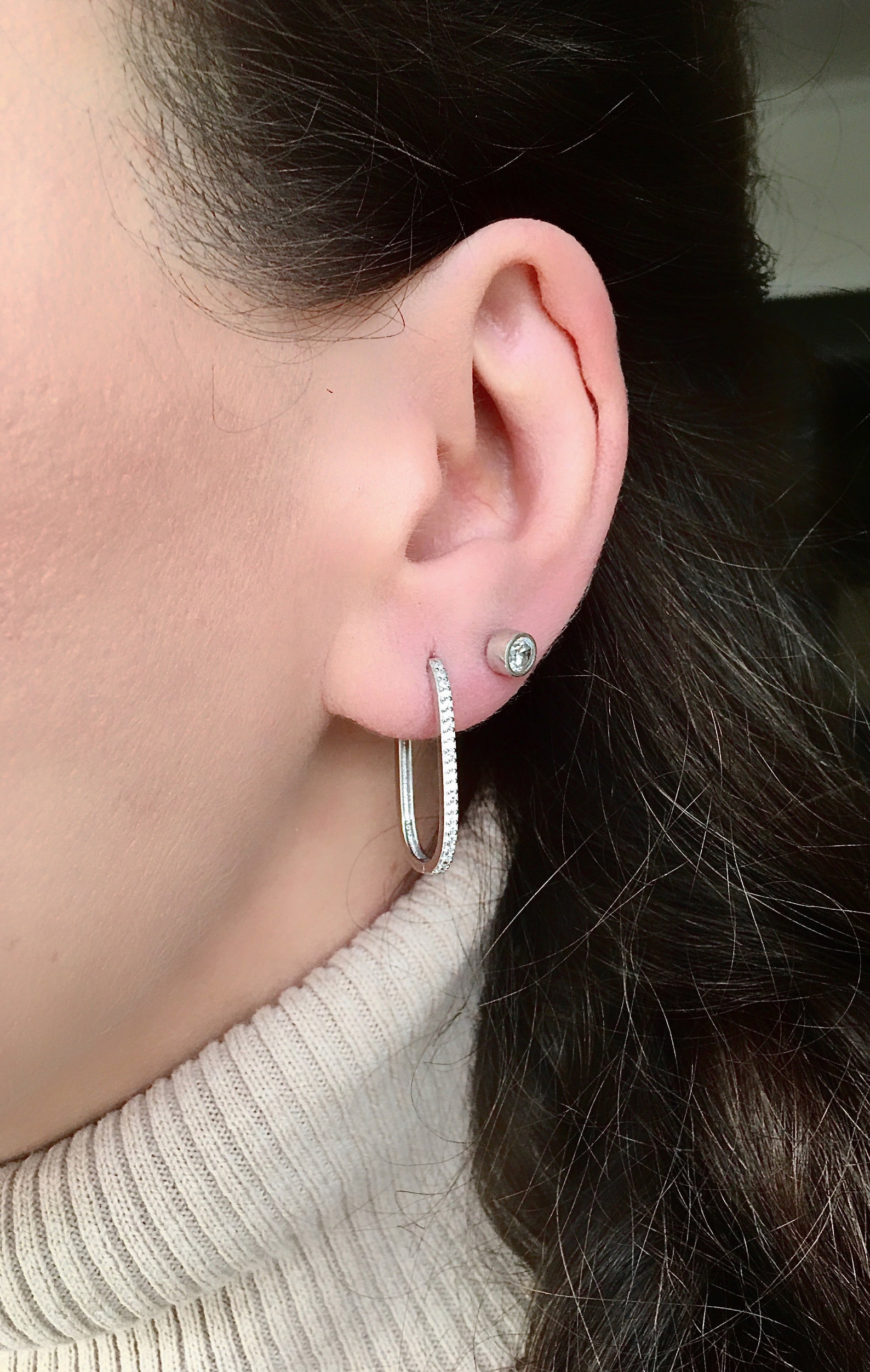 Pave Elongated Post Hoop Earring - Silver