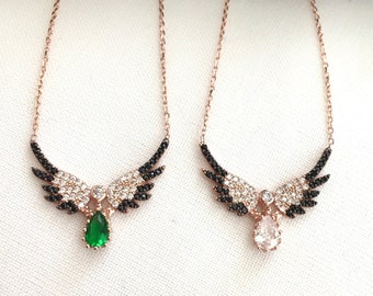 Sterling Silver Angel Wings Necklace: Emerald Drop Pendant