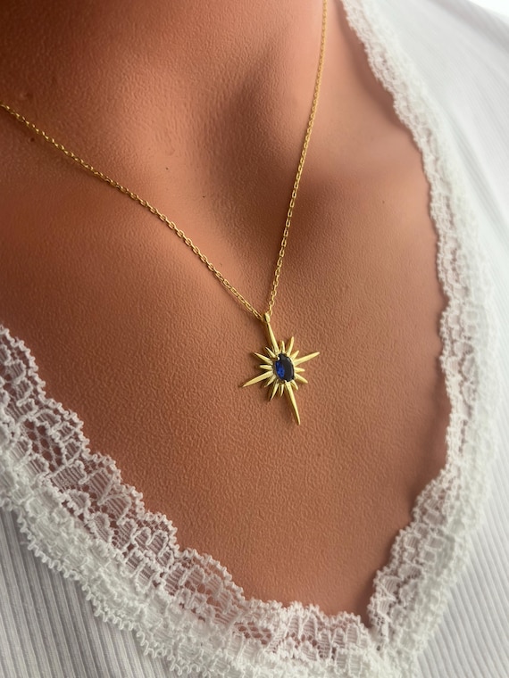 925 Sterling Silver Sapphire North Star Necklace / Polar Star 