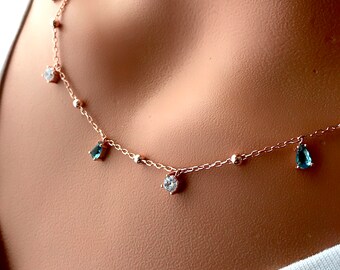 Aquamarine Choker Necklace / Tear Drop Aquamarine Sterling Silver Necklace/ 14K Gold Plated Rose Gold and Silver Choker / Zircon Necklace