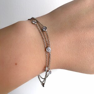 Sterling Silver Triple Chain Bezel, 9 Stone Zircon Bracelet, Minimalist Adjustable Lenght Chain Stacking Bracelet