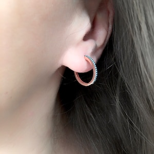 Pave Hoop Earrings  /  925 Sterling Silver Earrings /  Turquoise Huggie Hoop  Earrings / Gold Plated Earrings