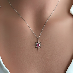 925 Sterling Silver Ruby North Star Necklace, Polar Star Necklace, 18k Rose Gold Plated, Ruby Necklace, Ruby Pendant