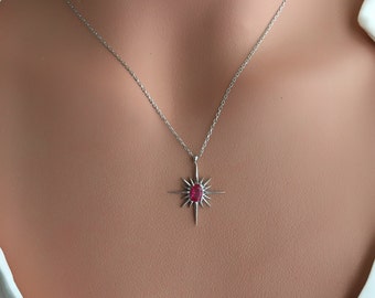 925 Sterling Silver Ruby North Star Necklace / Polar Star Necklace / 18k Rose Gold Plated / Ruby Necklace / Ruby Pendant