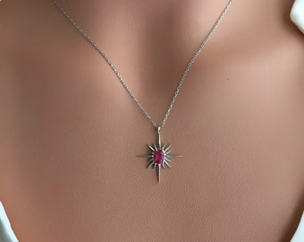 925 Sterling Silver Ruby North Star Necklace, Polar Star