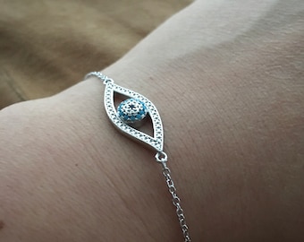 Sterling Silver Turquoise Evil Eye Bracelet, Adjustable Cable Chain