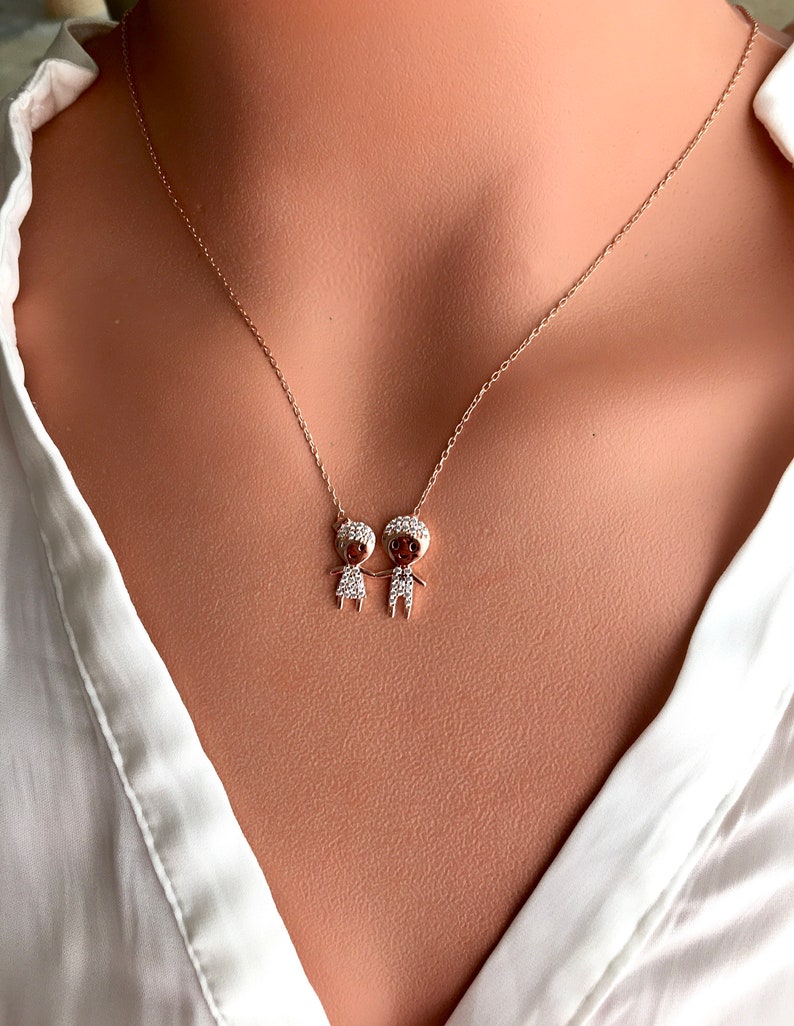Boy and Girl Necklace Sterling Silver / Zircon Children Necklace / Kids
