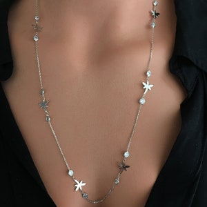 Dragonfly Necklace, Long Necklace, Chain Necklace, Silver Necklace, Zircon Necklace, Dragonfly Jewelry