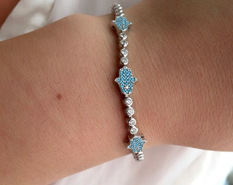 Sterling Silver Hamsa Tennis Bracelet / Kabbalah Bracelet / Turquoise Hamsa Hand / Box Chain