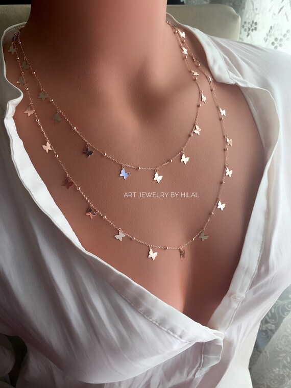 14K Gold Plated Silver Rose Gold Butterfly Necklace Sterling