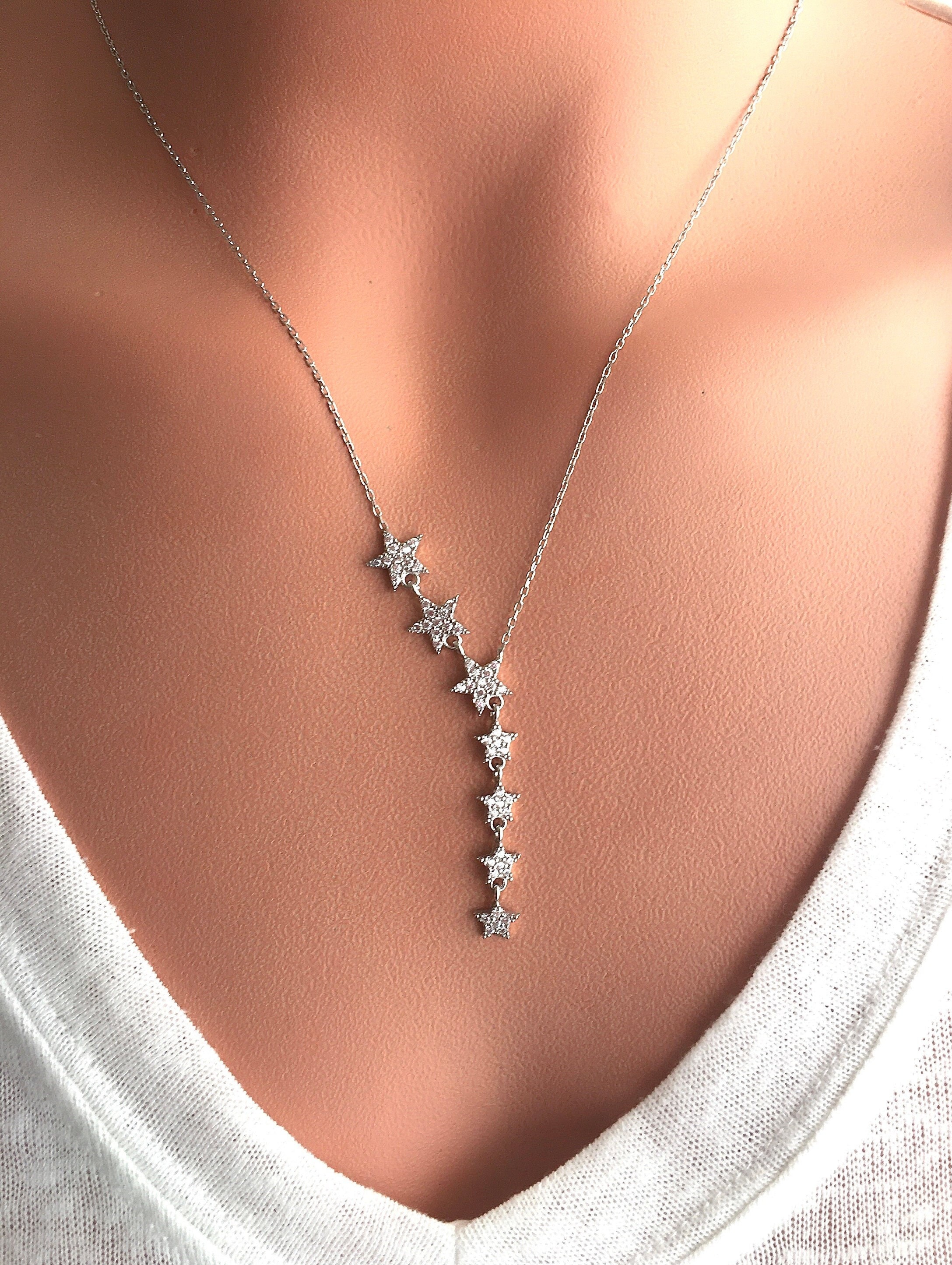 Sterling Silver Star Y Lariat Necklace - Rose Gold and Silver
