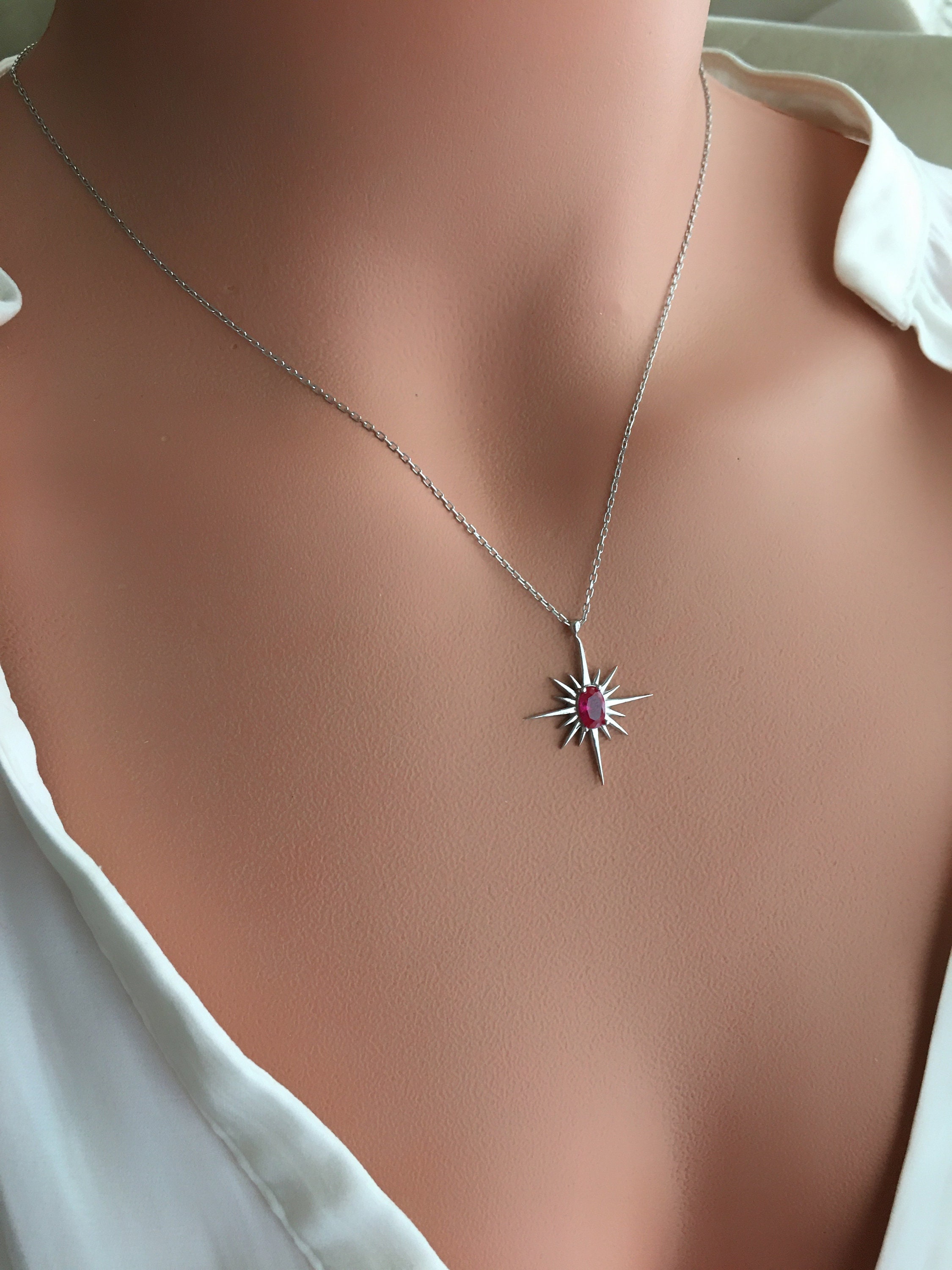 925 Sterling Silver Ruby North Star Necklace, Polar Star