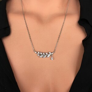Dew On The Leaves Necklace, Marquise Necklace, Silver Leaf Necklace, Bridal Necklace, Gift For Her, Cz Necklace, Leaf Jewelry