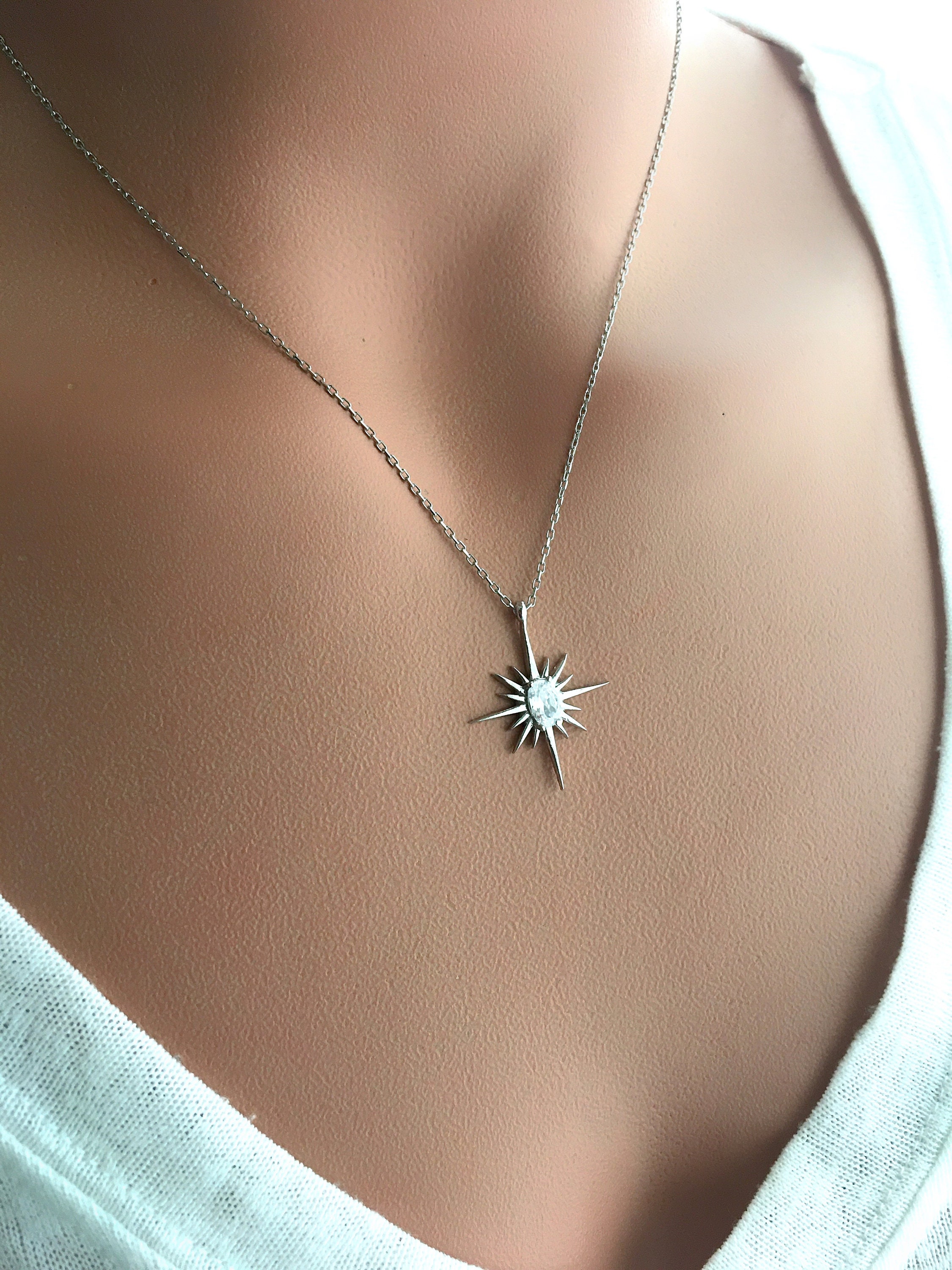 925 Sterling Silver Zircon Polar Star Necklace / North Star