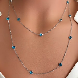 London Blue Diamond Station Necklace / 925 Sterling Silver / Aquamarine Station Necklace / Diamond By The Yard / Aquamarine Necklace