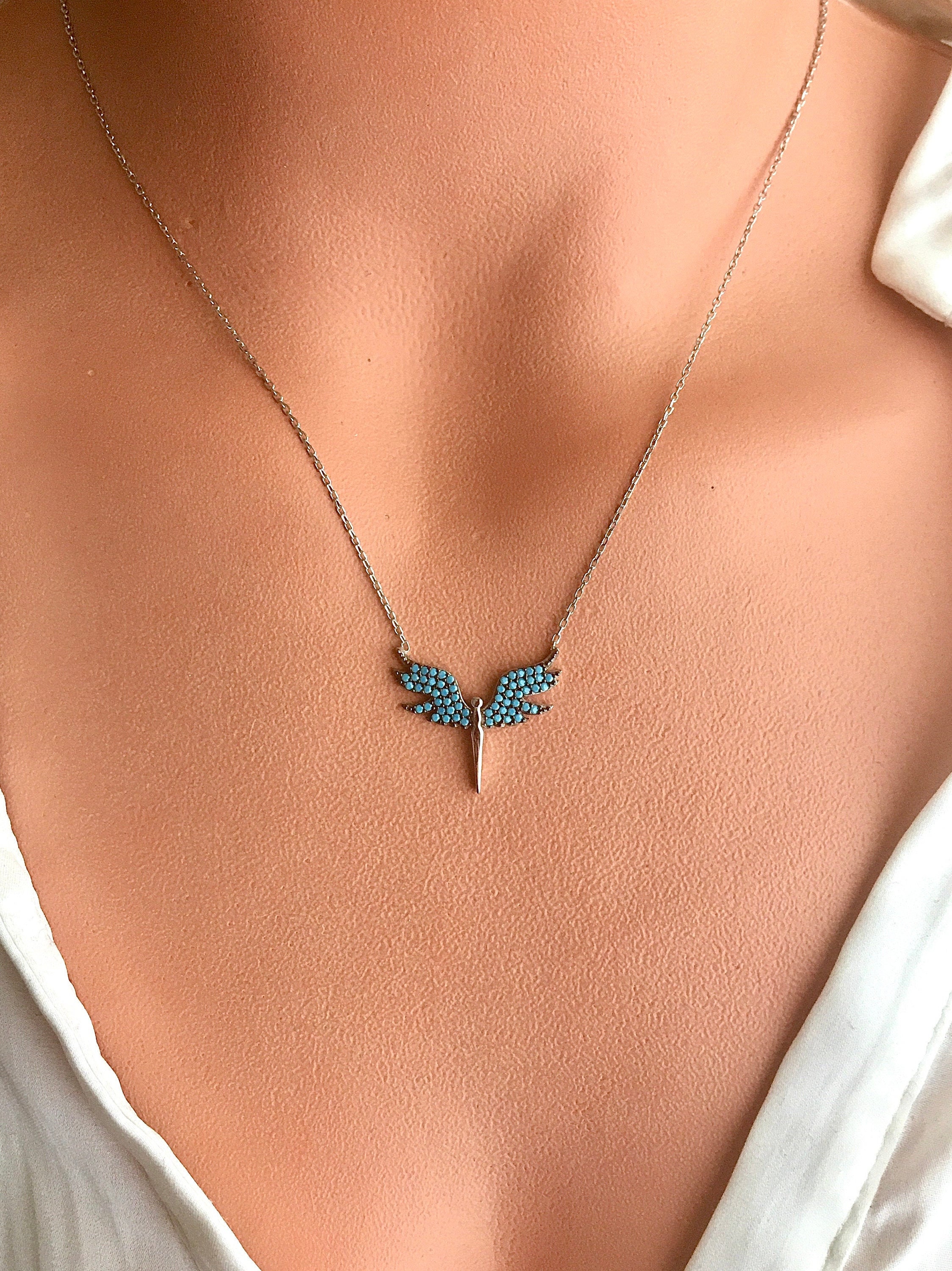 Archangel Michael Silver Angel Pendant Necklace Turquoise Turkish Handmade Archangel Michael Silver Angel Pendant Necklace Turquoise Turkish Handmade