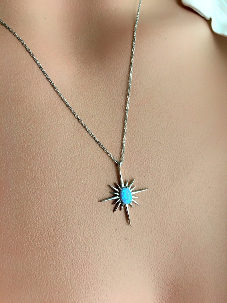 Aqua Blue Opal Polar Star Necklace 925 Sterling Silver North Star Necklace 18k Rose Gold Plated Opal Necklace