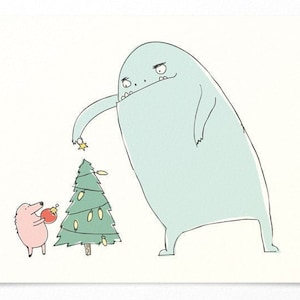 Weihnachtskarte Monster mit Weihnachtsbaum - Weihnachtsgrüße - Weihnachtskugel - Monsterkarte - witzige Postkarte