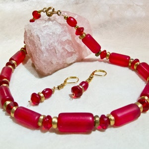 African Tradebeads necklace with ear hook red roller and petroleum jelly beads 44 cm image 1