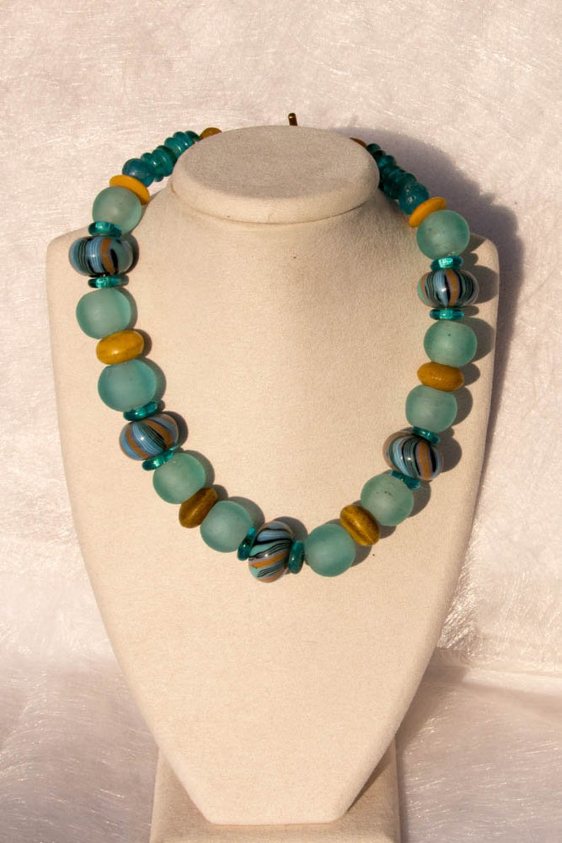 African Tradebeads Necklace Turquoise Krobo Africa Morning Dew 42 cm image 4