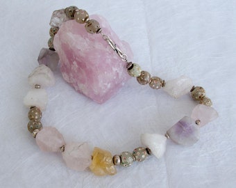 Afrikcan Tradebeads necklace rose quartz amethyst citrine nuggets eye beads 45 cm plus earrings