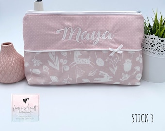 Wickeltasche / Windeltasche WALDTIERE rosa personalisiert mit Namen