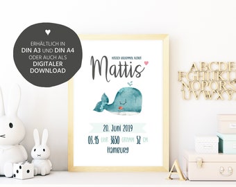 Birth data poster whale • birth chart • birth poster • birth announcement • birth picture • personalized gift birth baptism