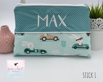 Diaper bag / changing bag with bunnies in racing cars, personalized with name