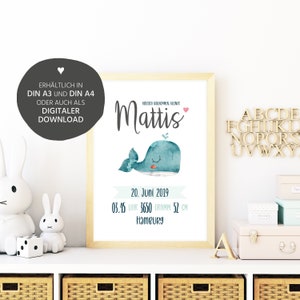 Cartel de datos de nacimiento ballena • carta natal • cartel de nacimiento • anuncio de nacimiento • imagen de nacimiento • bautismo de nacimiento de regalo personalizado