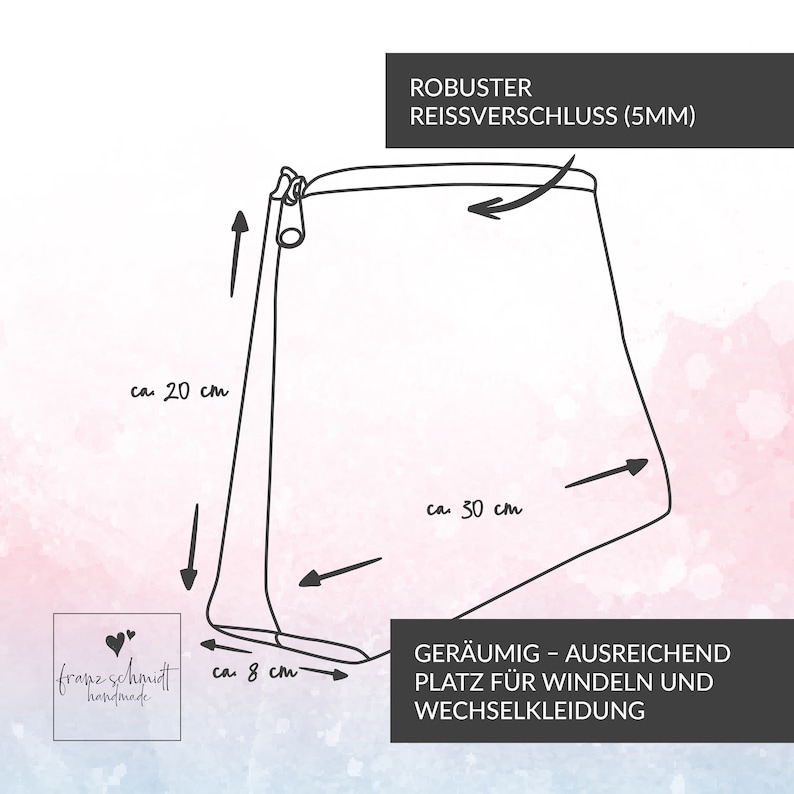 Puede incluir: Un dibujo en blanco y negro de una bolsa grande con cremallera con medidas en cent&iacute;metros. La bolsa est&aacute; etiquetada con "ROBUSTER REISSVERSCHLUSS (5MM)" y "GER&Auml;UMIG - AUSREICHEND PLATZ F&Uuml;R WINDELN UND WECHSELKLEIDUNG".