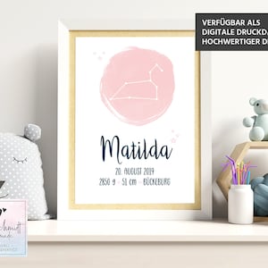Geburtsdaten Poster Sternzeichen • Geburtstafel • Geburtsposter • Geburtsanzeige • Geburtsbild • personalisiertes Geschenk Geburt Taufe