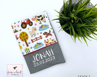 Child health record booklet cover, farm design, with vaccination card pocket • personalized with name