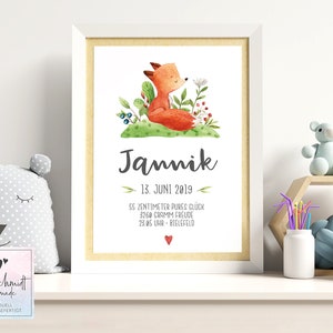 Geburtsdaten Poster Fuchs • Geburtstafel • Geburtsposter • Geburtsanzeige • Geburtsbild • personalisiertes Geschenk Geburt Taufe