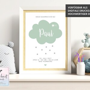 Könnte beinhalten: Ein weißer gerahmter Druck mit einer grünen Wolke und dem Namen "Paul" in weißen Buchstaben. Der Druck enthält auch das Datum "22. Juli 2017", die Uhrzeit "03.53 Uhr" und den Ort "Bad Homburg".