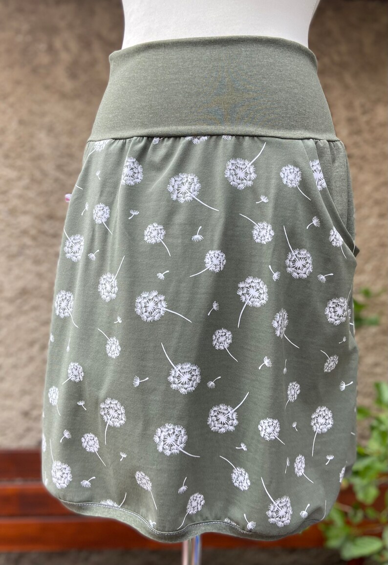 Knielanger oliv grüner Pusteblumen Rock Jersey Taillenrock Damen Rock mit Taschen Blume Bild 2