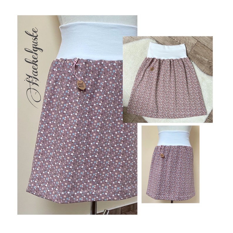 Organic jersey knee-length scattered flowers skirt women's skirt pink rose flowers flowers grasses image 2