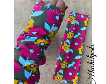 long arm warmers " retro flowers" ladies cuffs olive pink okker