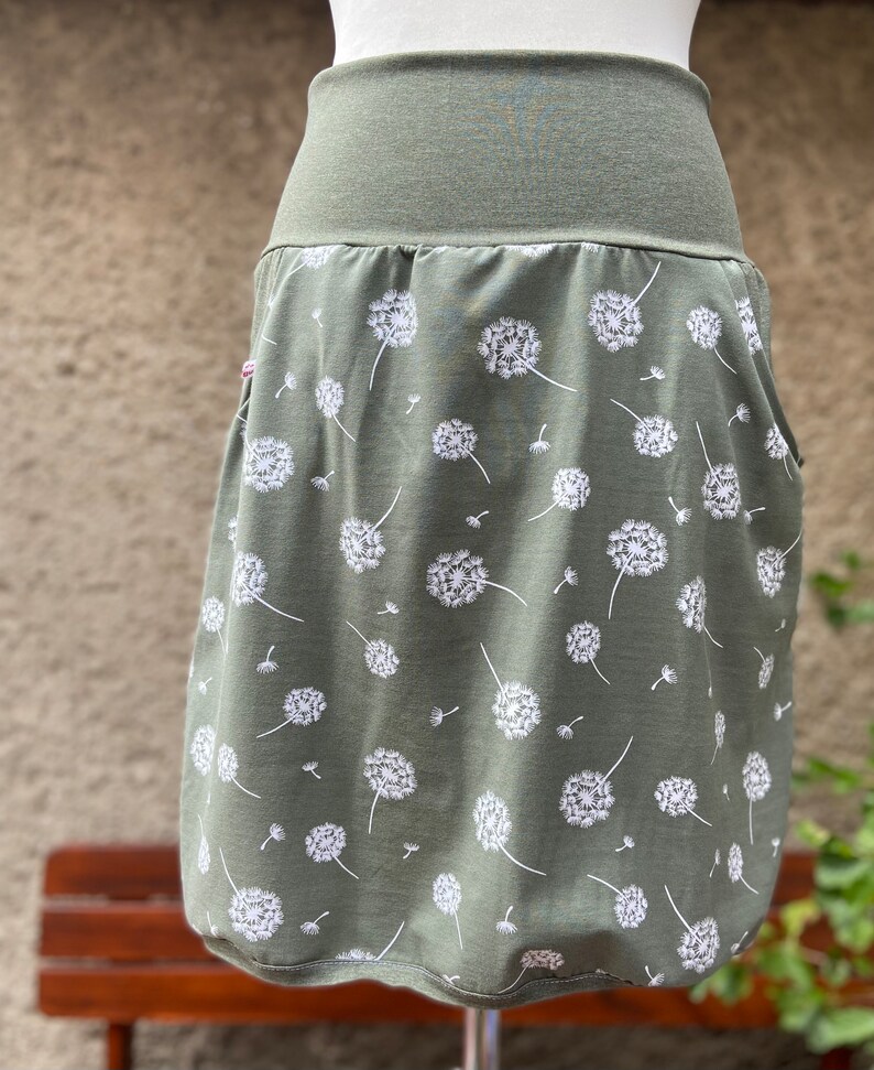 Knielanger oliv grüner Pusteblumen Rock Jersey Taillenrock Damen Rock mit Taschen Blume Bild 4