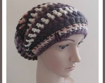 Bonnet Natural Tones, Crochet Cap 56 cm Longbeanie Hippie Wool Hat Femmes marron beige Hipster