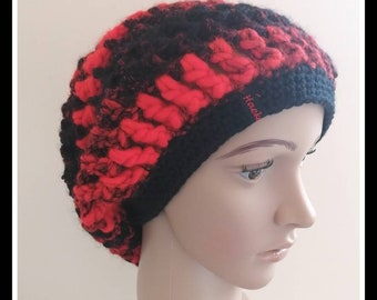 Häkelmütze Wollmütze Longbeanie Damen gestrickt 58-60 cm Hipster Mütze rot schwarz