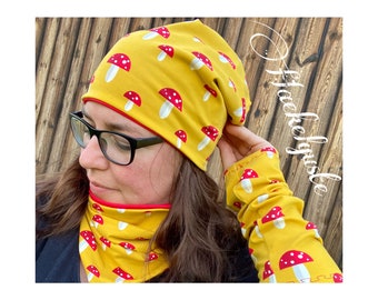 Beanie " Mushroom " Turn Cap o. Loop Mustard Yellow Longbeanie Ladies Cloth Mushroom Lined Cap 2 ply Chemo