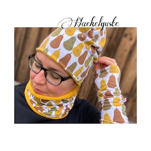 Jersey Fleece &quot; Pear &quot; Beanie or Loop Women&#39;s Beanie retro Fruits Mustard Yellow Ochre Brown Green Lined Transition Longbeanie