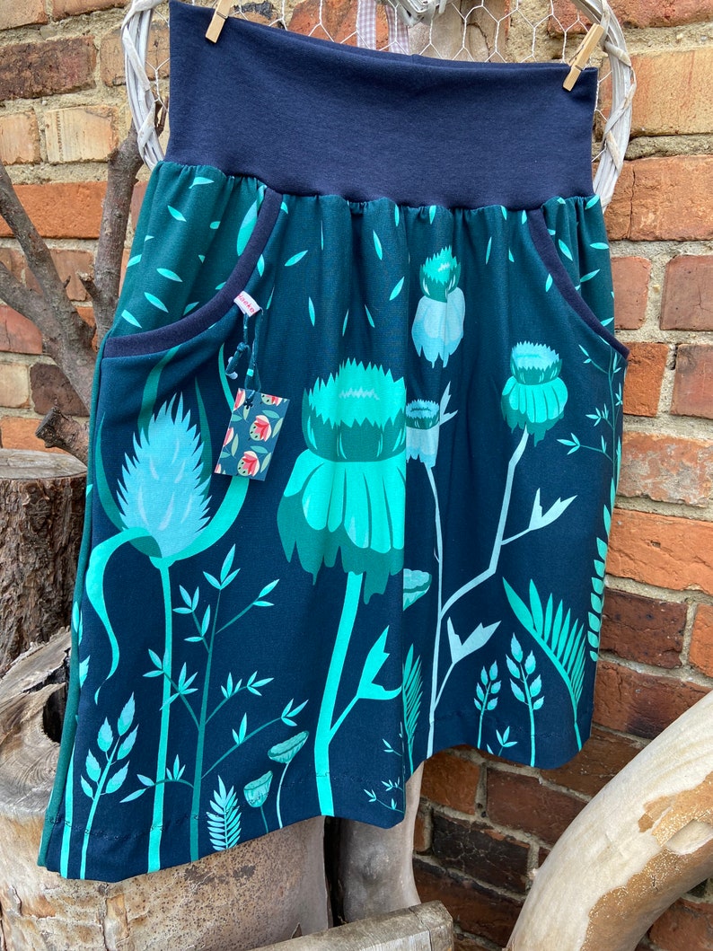Knee-length skirt Autumn Night jersey ladies skirt flowers grasses turquoise petrol image 8