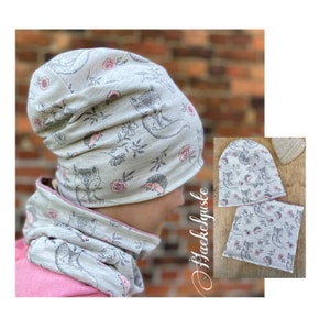 SET " Fox & Hedgehog " Beanie+ Loop Turn Jersey Cap Girl Longbeanie hanging beige pink