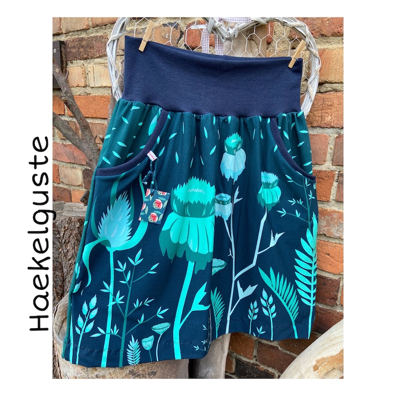 Knee-length skirt Autumn Night jersey ladies skirt flowers grasses turquoise petrol image 1