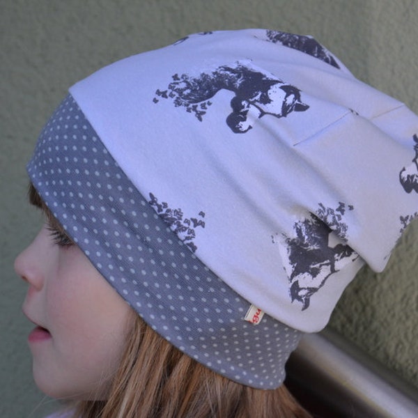 Gr. 52-54 " Pferd "  Beanie Mütze mit Bündchen grau Mädchen Mütze